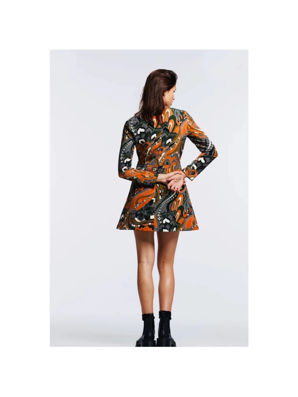 Zara Orange, Olive and Black Paisley Long-Sleeve Mini Dress - Picture 2 of 4